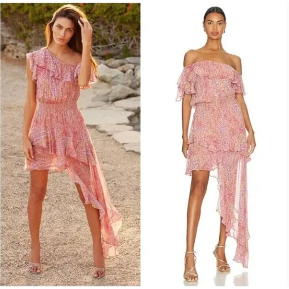 Misa Los Angeles Revolve Gisele Dress‎ Asymmetric Floral Ruffles Pink Fairy XS